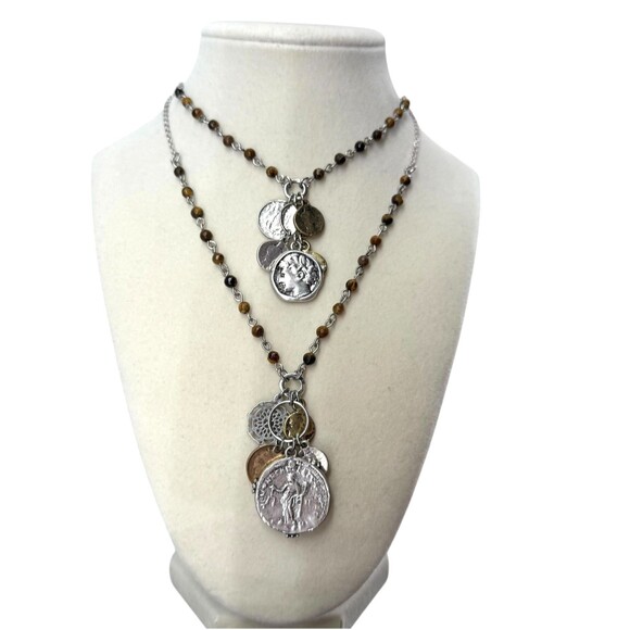 J. Jill Layered Coin Charm Necklace Silver Tone Beaded Medallion Statement NWT - Picture 2 of 11